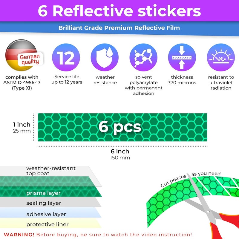 Loom Reflective Stickers for Helmet | 6pcs Brilliant Green | Similar to 3M Reflective Tape | Bike Reflectors for Night Riding, Mailbox reflectors | Waterproof hi vis Decals for Car, Trailer - Image 3